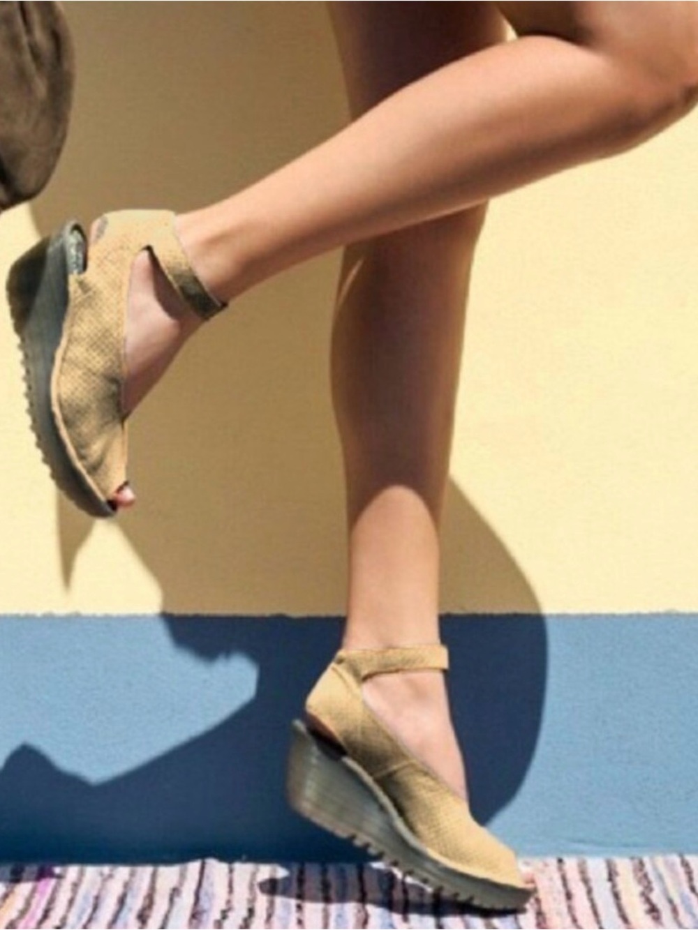 Fly London Taupe Suede Peep-Toe Wedge Sandals